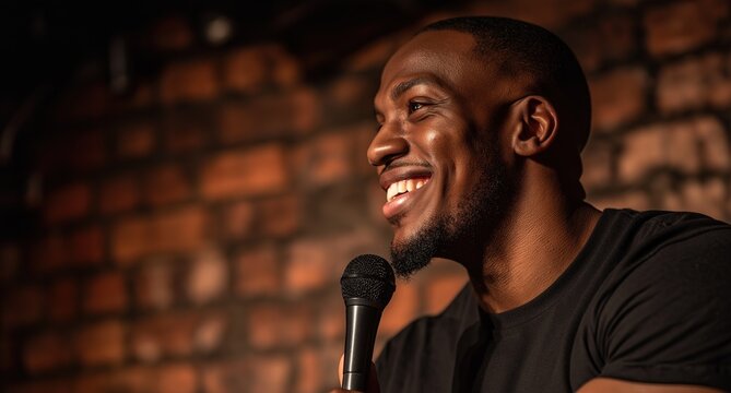 Stand-Up Comedian on Brick Wall Stage with Microphone