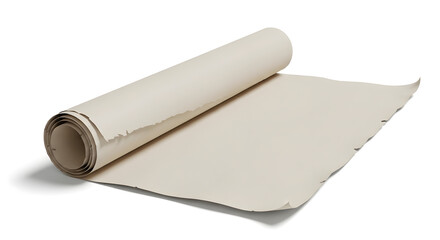 A single roll of off-white, textured artist canvas paper with a rustic torn edge, partially unrolled on a white background symbolizing a new creative project