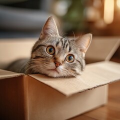Adorable tabby cat sitting in a cardboard box with warm home lighting.