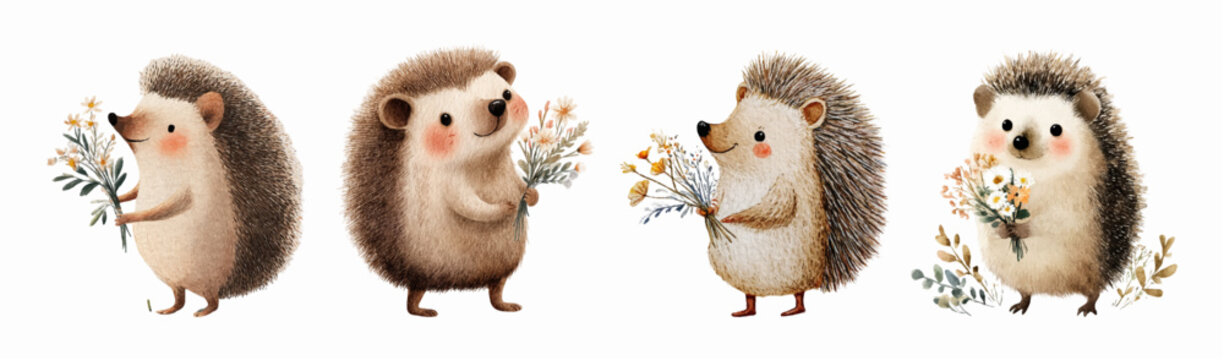 Adorable cartoon hedgehog collection featuring watercolor florals and gift bouquets. Charming animal set with autumn forest theme, ideal for children's projects and cute designs. Vector illustration.