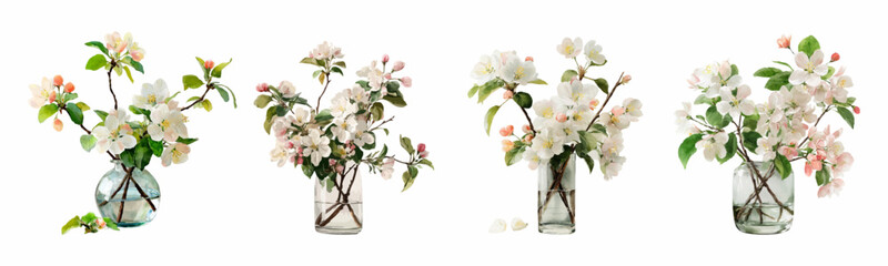 White apple blossoms and spring flowers in a vase. Watercolor floral bouquet with branches of flowering trees standing in a vase with water. Floral elements for spring designs. Vector illustration.