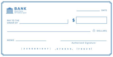 Blue Bank check, vector blank money cheque, checkbook template with guilloche pattern and fields. Currency payment coupon, money check background