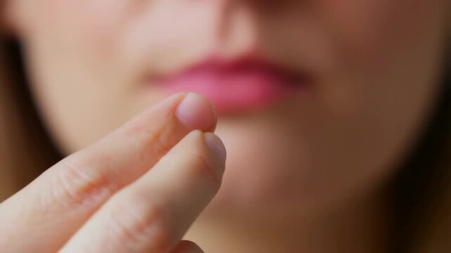 Woman takes red pill in three steps: hand holding, before, and after