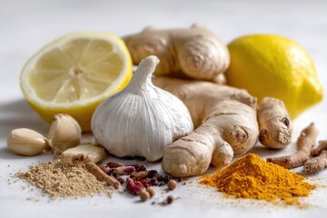 Fresh ginger, garlic, lemon, and various spices arranged on a marble surface with wooden spoons, showcasing vibrant colors and textures for culinary use and food preparation