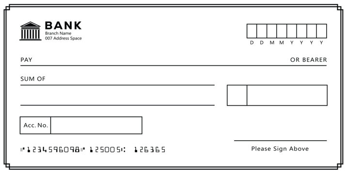 Bank check, vector blank money cheque, checkbook template with guilloche pattern and fields. Currency payment coupon, money check background