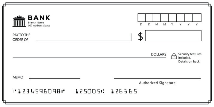 Bank check, vector blank money cheque, checkbook template with guilloche pattern and fields. Currency payment coupon, money check background