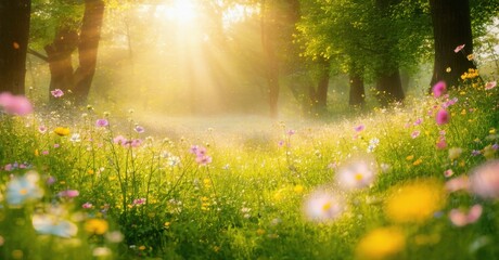Lush meadow blooms under sunlight filtering through forest trees. Peaceful scene evokes warmth, serenity, natural beauty.