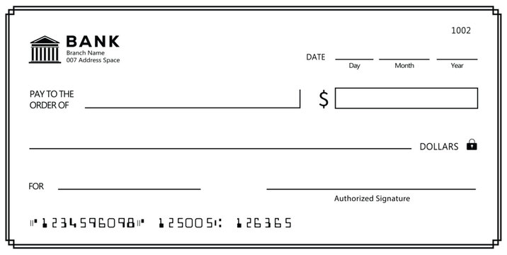 Bank check, vector blank money cheque, checkbook template with guilloche pattern and fields. Currency payment coupon, money check background
