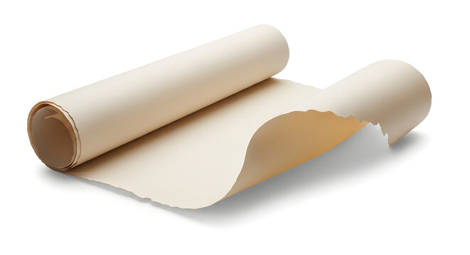 An ancient rolled-up blank parchment scroll with torn edges, presenting an empty space for a message or historical text, isolated on a white background