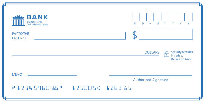 Bank check, vector blank money cheque, checkbook template with guilloche pattern and fields. Currency payment coupon, money check background