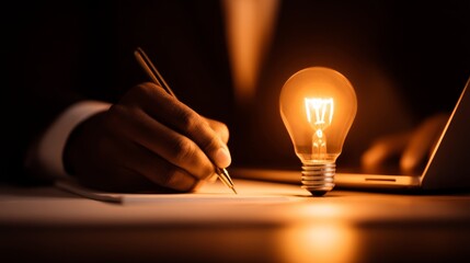 Businessman Generating Income Ideas: Writing Notes with Dollar Lightbulb Next to Laptop in Office, Smart Work Concept with Copy Space for Text