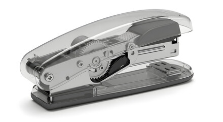 A modern transparent stapler with a clear casing revealing the intricate inner mechanism and gears, an office supply essential isolated on a white background