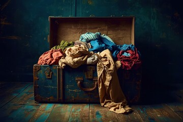 A wooden chest full of clothes is sitting on the floor