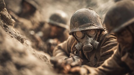 soldiers in gas masks and helmets in dirty war trench