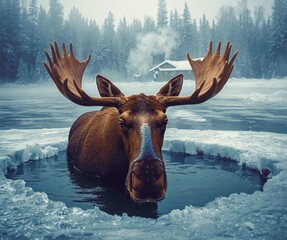 A moose is in a pond with its head sticking out of the water