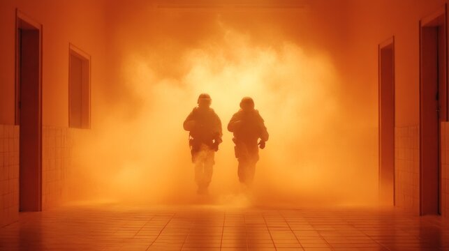 swat team, covert mission, Tactical Night Operations in Abandoned Settings: Soldiers Navigating Through Foggy Hallways with a Sense of Urgency and Purpose