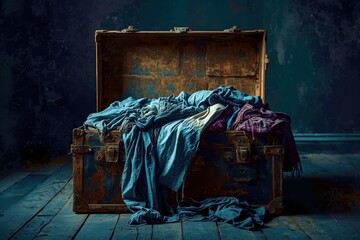 A wooden chest full of clothes is sitting on the floor