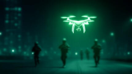 swat team, covert mission, Night Vision Drone in Action: Futuristic Perspective of Soldiers Under Surveillance in Urban Environment, High-Tech Exploration, and Technological Advancement