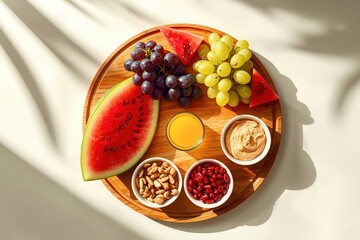 A wooden tray with a variety of fruits and nuts, including grapes, raisins