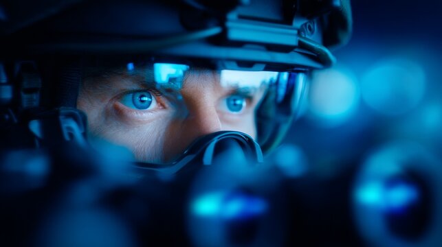 swat team, covert mission, Close-Up Night Vision Tactical Image Featuring Focused Individual with Advanced Technology, Emphasizing Intensity and Precision in Dark Environments