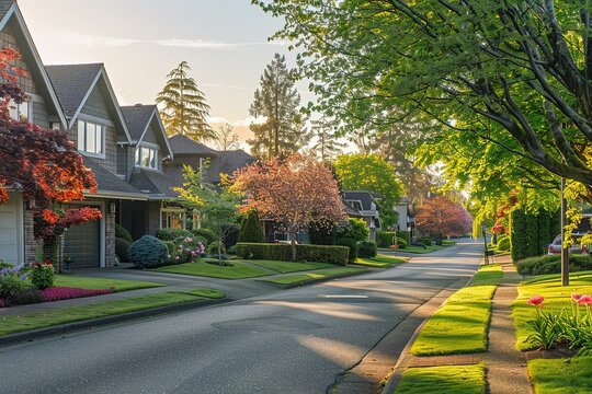 quiet residential street with houses on both sides and sidewalk. street is lined with trees and houses are well-maintained