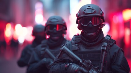 Fototapeta premium swat team, covert mission, SWAT team members conduct an urban clearing operation on a neon-lit street, showcasing tactical gear and advanced weaponry, highlighting collaboration and readiness.