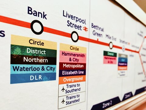 Bank Subway, Liverpool Street Metro, Tube Route Map, Central Line Passenger Information Display, London Underground Station Name Sign, UK, January 2026