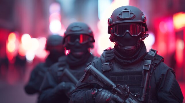 swat team, covert mission, SWAT team members conduct an urban clearing operation on a neon-lit street, showcasing tactical gear and advanced weaponry, highlighting collaboration and readiness.
