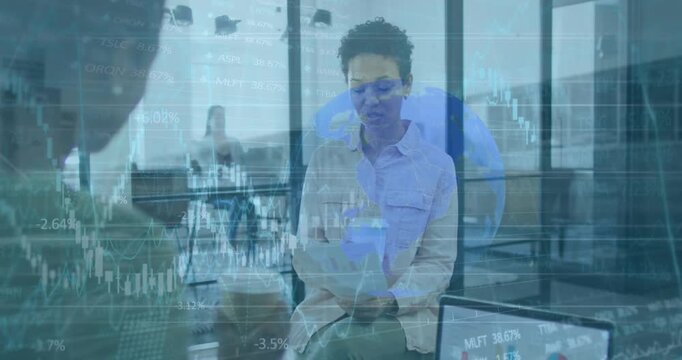 Animation of graphs, numbers and globe over diverse coworkers discussing reports while having coffee
