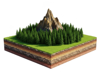 3d illustration of a mountain landscape with trees on layered soil isolated on transparent background