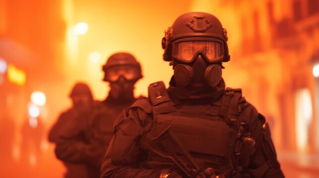 swat team, covert mission, SWAT team members advance through a thick smoke-filled environment, prepared for action and operating under challenging visibility conditions during a tactical mission