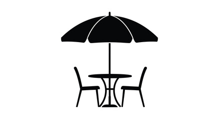 A simple graphic depiction showcases an outdoor cafe setting with a parasol and two chairs presented as a silhouette high quality © GDMala02