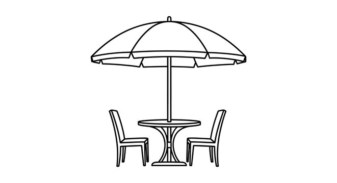 A simple line drawing depicts a patio scene with an open parasol table and two chairs presented as a silhouette