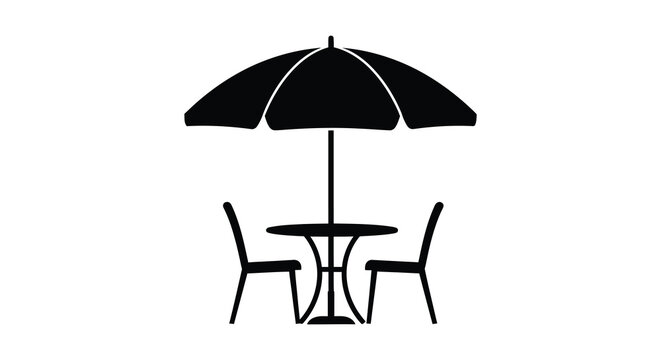 A simple graphic depiction showcases an outdoor cafe setting with a parasol and two chairs presented as a silhouette high quality