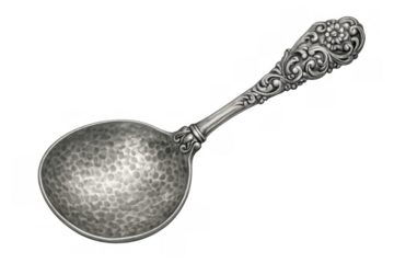 Vintage decorative silver spoon featuring hammered texture and intricate floral filigree pattern, transparent background