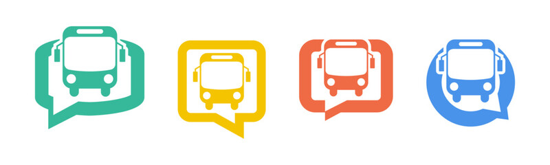 Transportation icon set illustration vector. Bus with bubble speak sign and symbol.