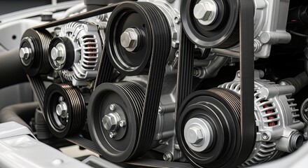 Detailed close up view of a modern automotive serpentine belt system with multiple pulleys and an alternator showcasing complex mechanical power transmission within the engine bay