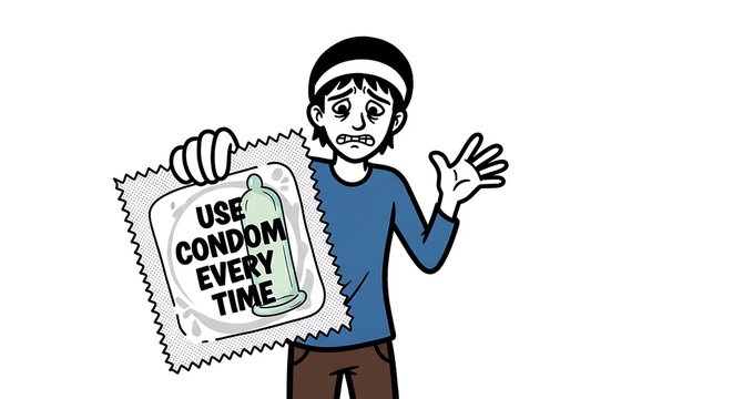 Man holding condom sign and gesturing for safe sex practices illustration