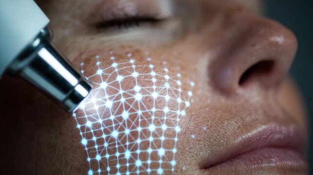 Laser facial skin rejuvenation procedure with futuristic glowing digital grid scanning face for collagen stimulation