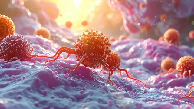Abstract illustration of orange and red cells with tentacles on a purple surface bathed in warm sunlight