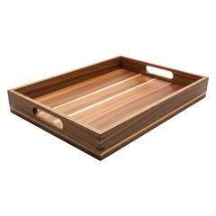 Brown wooden tray with handles on transparent background for serving food and drinks