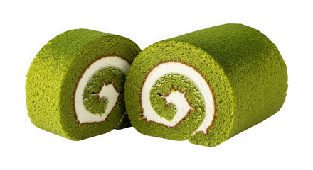 Two green tea sponge cake rolls with white cream filling isolated on transparent background