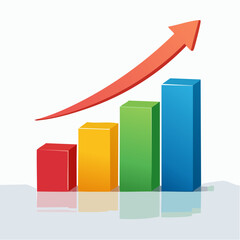 Colorful bar chart graph. Vector illustration of growing chart. Business growth concept. Red, yellow, green, blue bars. Increasing arrow. White background. Business template.