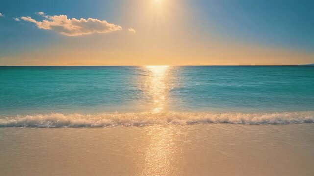 Golden hour sunbeams dance on turquoise ocean waves gently lapping a pristine sandy beach creating a serene tropical paradise atmosphere perfect for travel relaxation and summer vacation themes