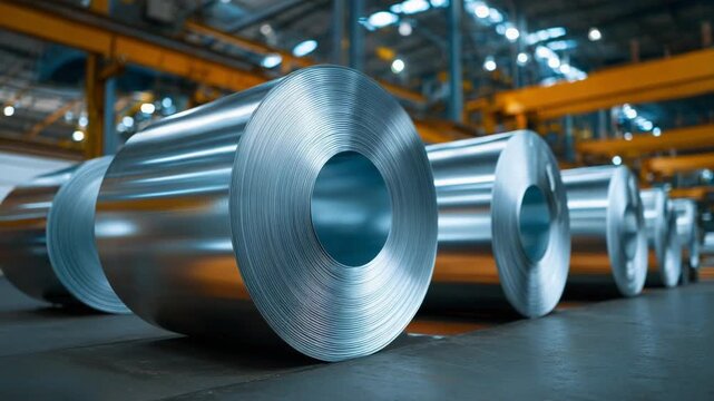 Metallic silver steel rolls in factory, showing a glimpse of industrial production