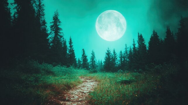 Moonlight shines over a forest path at night with tall trees surrounding - Powered by Adobe