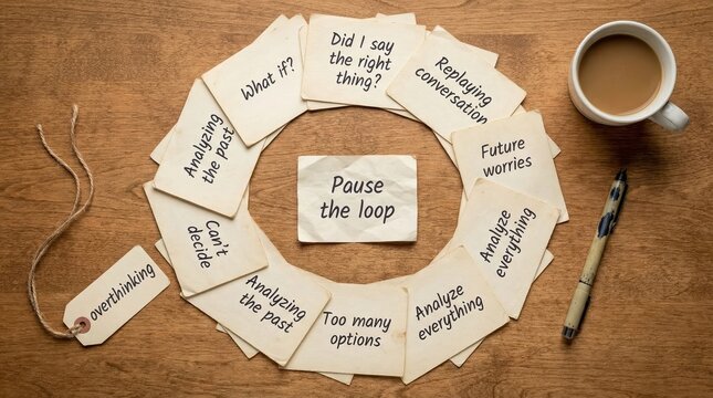 Cards urging to pause overthinking arranged in a circle
