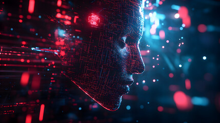 Cybernetic intelligence system neural mesh with glowing red and blue lights abstract digital head profile futuristic