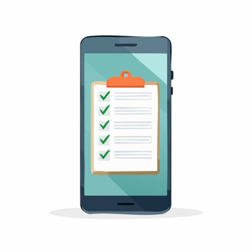 Smartphone with checklist on screen. Mobile phone vector illustration. Clipboard with green checkmarks. Task list on phone. Teal background. White and orange design elements. Simple icon.