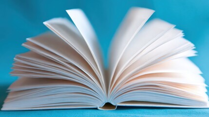 Fototapeta premium Book pages turn quickly on a blue background in a study setting